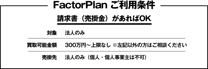 FactorPlanご利用条件＝請求書（売掛金）があればOK 法人のみ、300万円〜上限なし 売掛先は法人のみ